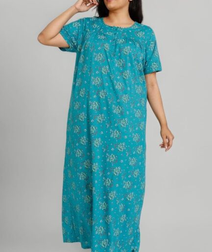 The Tropical Print Cotton Nighty (Teal)