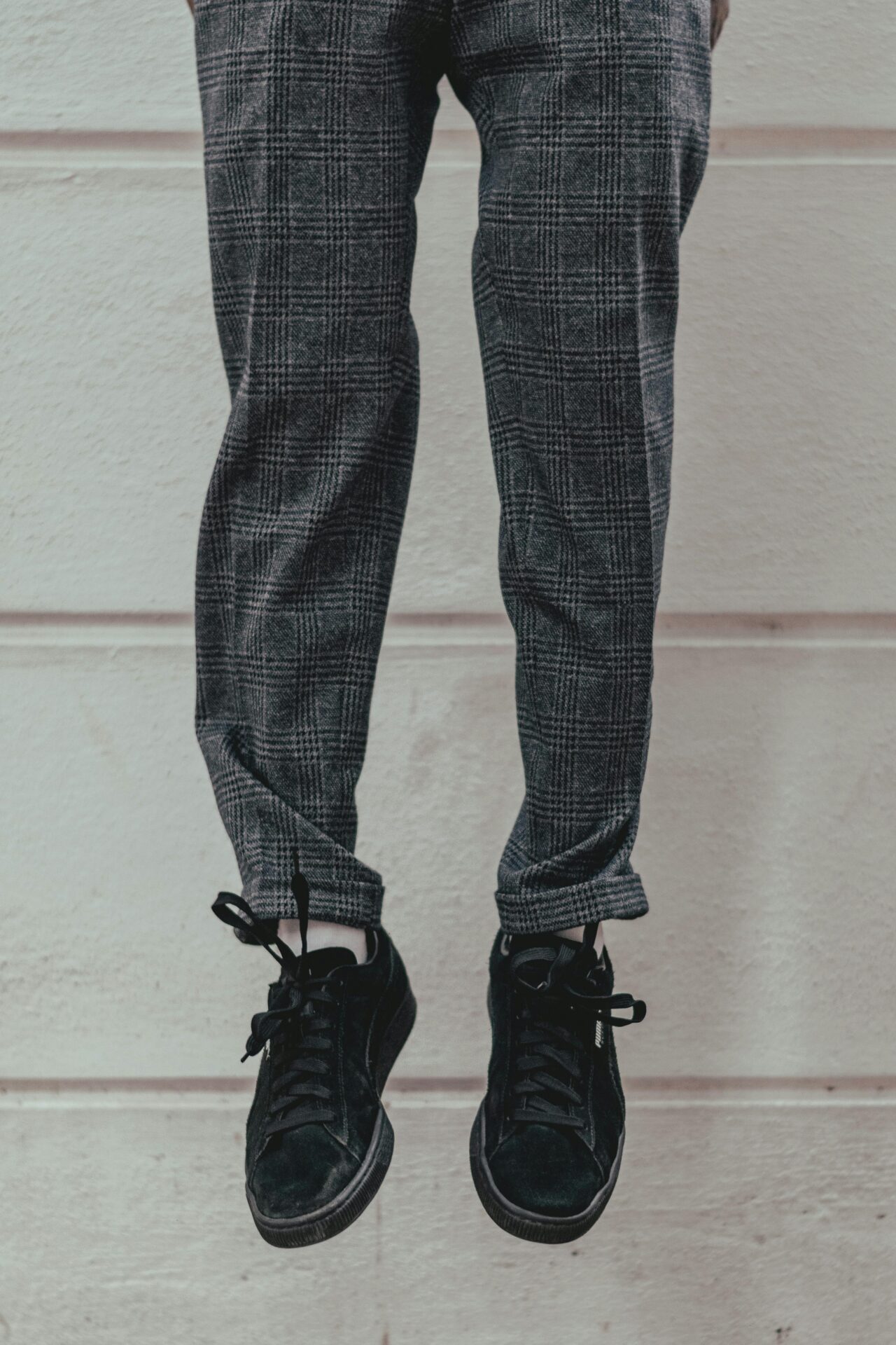 Men's grey plaid cotton twill tailored trousers manufactured by Diamond Attires.