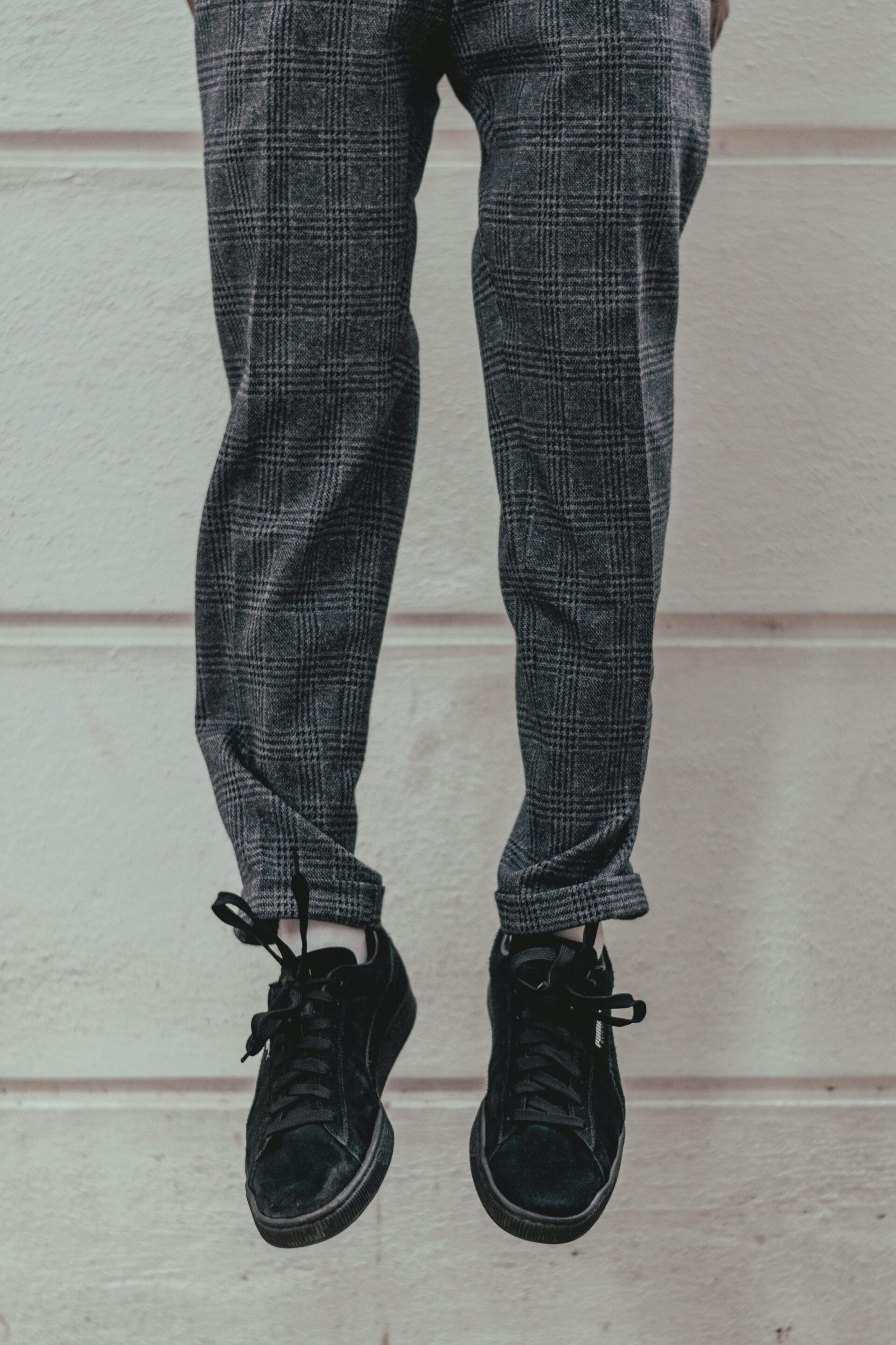 Men's grey plaid cotton twill tailored trousers manufactured by Diamond Attires.