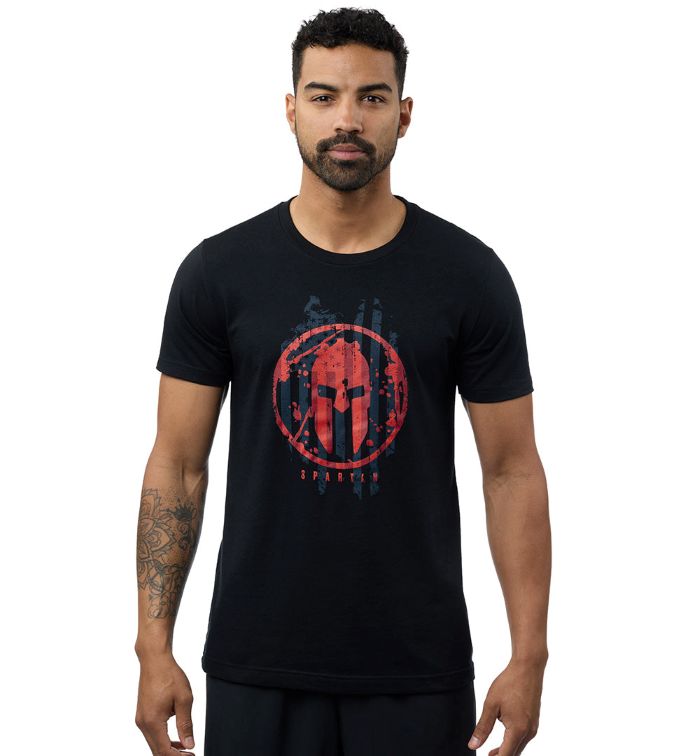 Men's black t-shirt with a distressed red Spartan helmet and vertical flag stripe graphic.