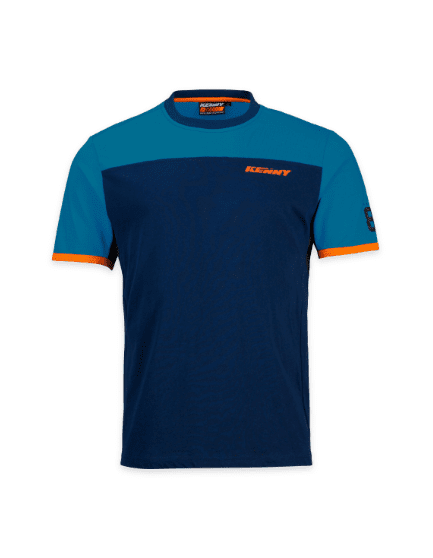 Professional two-tone blue athletic jersey with orange accents manufactured for sports performance.